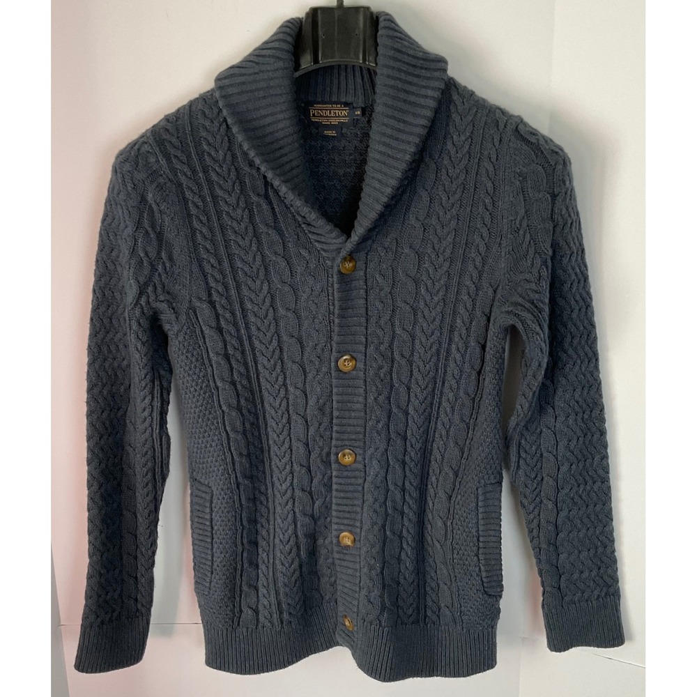 Pendleton Mens XS Cable Knit Cardigan Sweater Shawl Collar Blue Grey RF544-61574